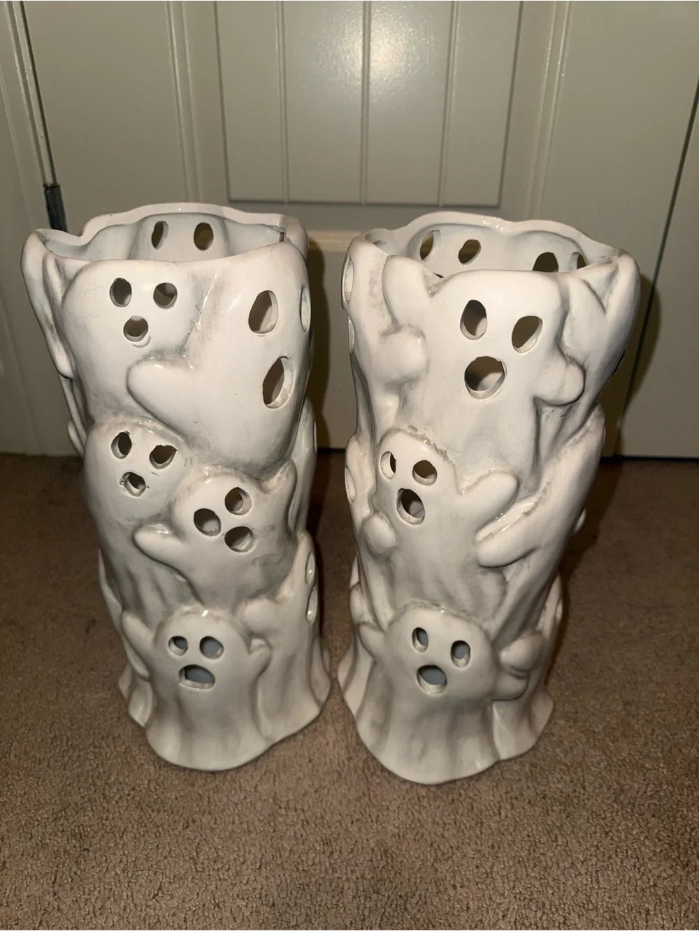 White Ceramic Ghost Lantern Pair -led candles for glowing effects